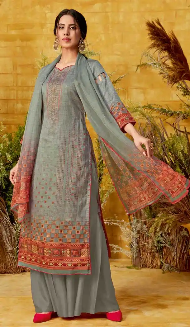 Contemporary Grey Color Pure Zam Cotton Casual Party Wear Palazzo Salwar Suit -719489212