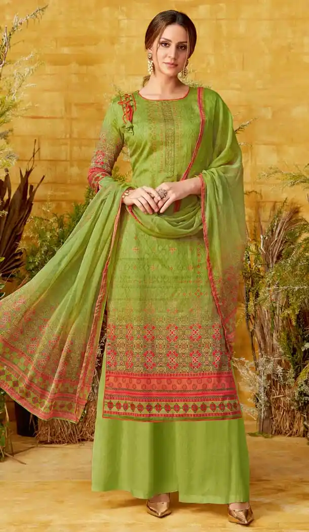 Green Color Pure Zam Cotton Casual Party Wear Palazzo Salwar Suit -719489215