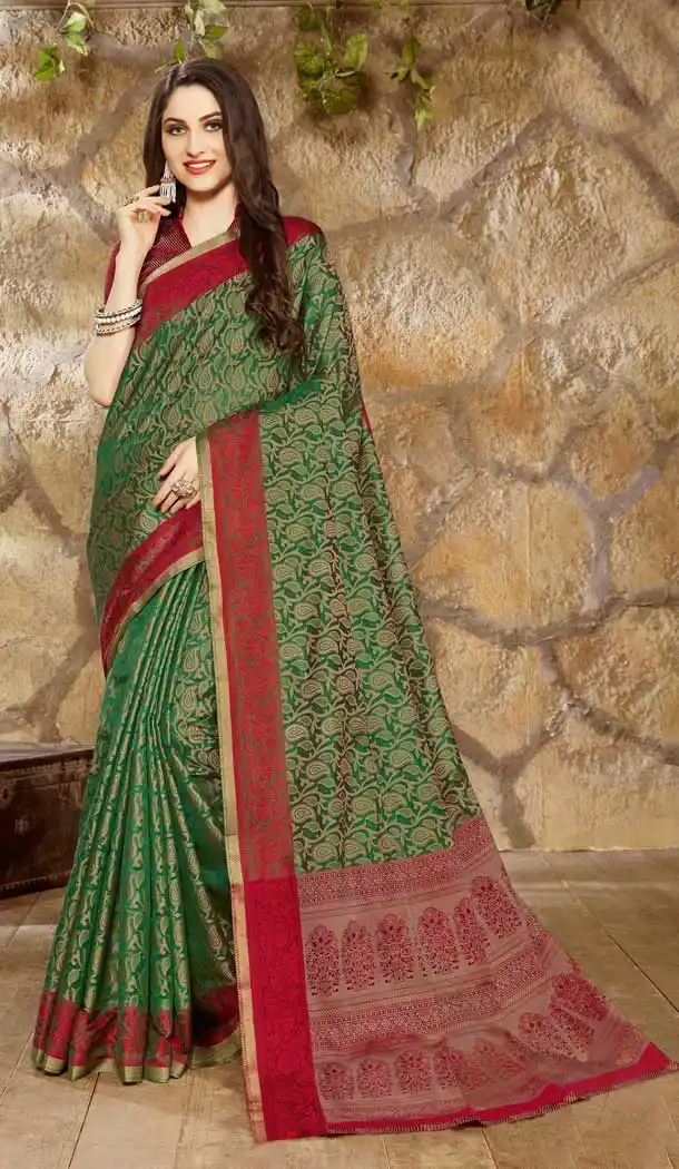 Green Color Fancy Linen Jacquard Casual Wear Saree Blouse -718189073