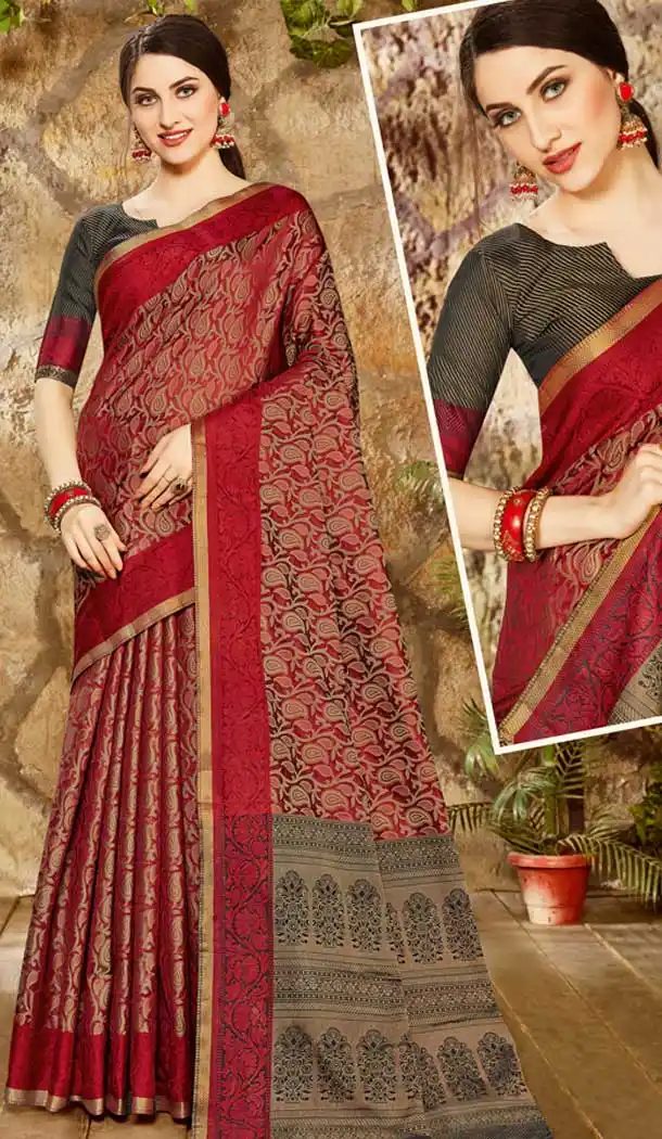 Red Color Fancy Linen Jacquard Casual Wear Saree Blouse -718189077