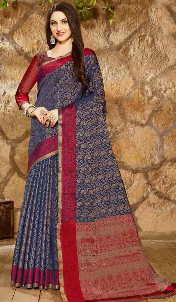 Navy Blue Color Fancy Linen Jacquard Casual Wear Saree Blouse -718189079