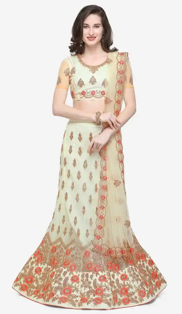 Cream Color Net Designer A line Party Wear Lehenga Choli -720789275