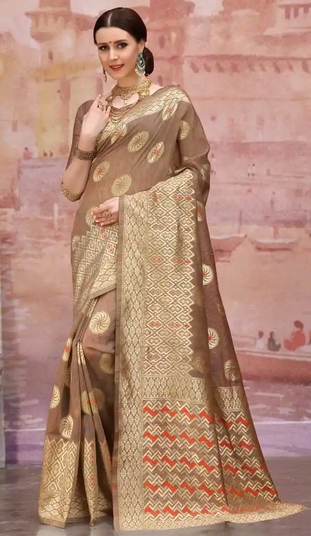 Light Brown Color Spun Cotton Jacquard Casual Wear Saree Blouse -720889278