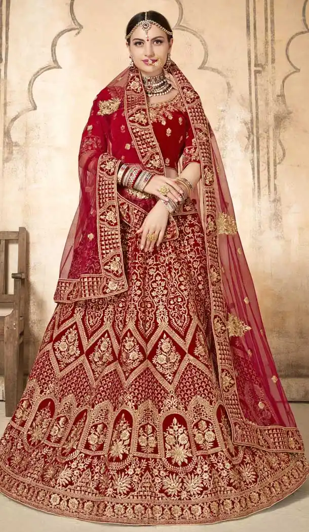 Red Color Velvet Designer Bridal Wedding Wear Lehenga Choli -720989288
