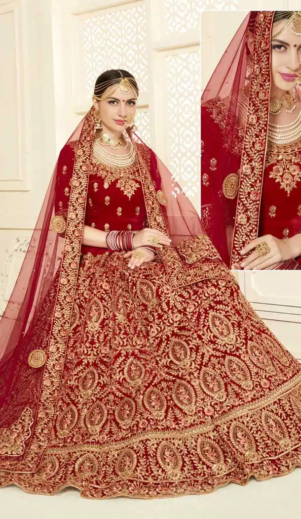Fancy Red Color Velvet Designer Bridal Wedding Wear Lehenga Choli -720989294