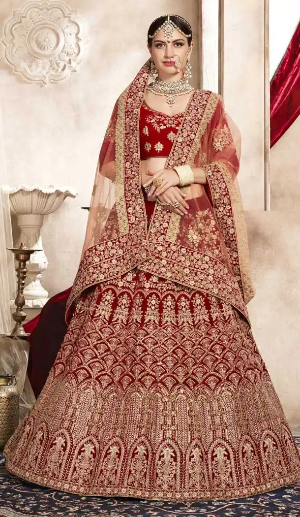 Captivating Red Color Velvet Designer Bridal Wedding Wear Lehenga Choli -720989295