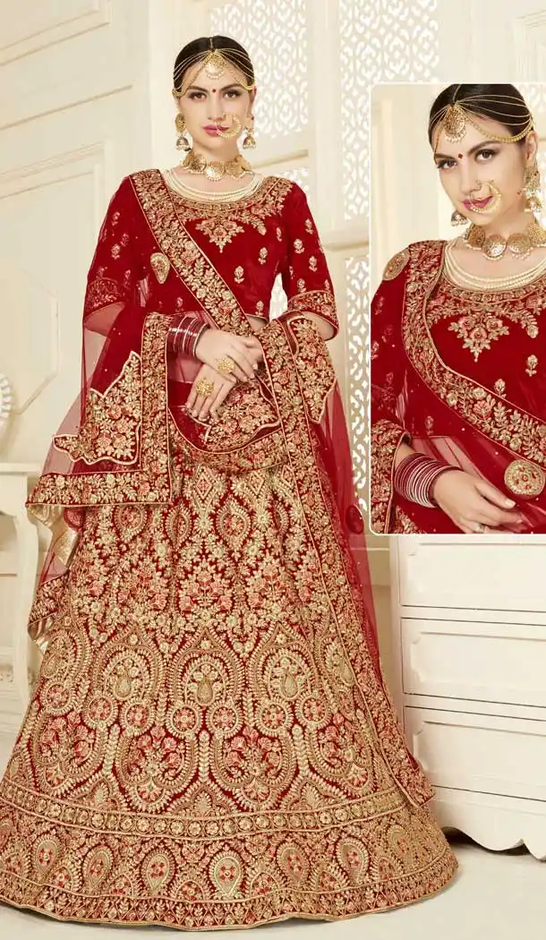 Charming Red Color Velvet Designer Bridal Wedding Wear Lehenga Choli -7209896