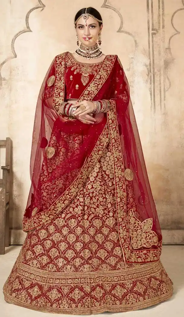 Melodic Red Color Velvet Designer Bridal Wedding Wear Lehenga Choli -720989297