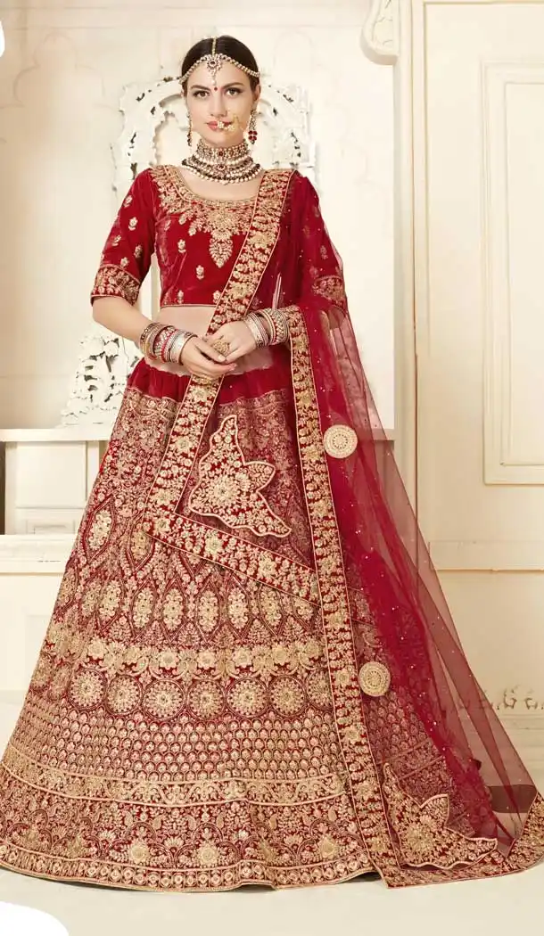 Luscious Red Color Velvet Designer Bridal Wedding Wear Lehenga Choli -720989298