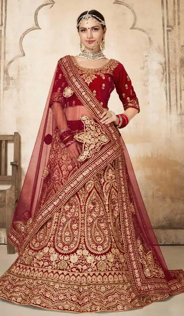 Luscious Maroon Color Velvet Designer Bridal Wedding Wear Lehenga Choli -720989299