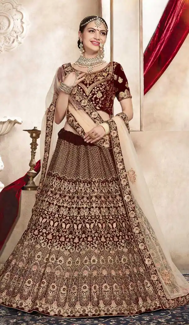 Majesty Brown Color Velvet Designer Bridal Wedding Wear Lehenga Choli -720989300