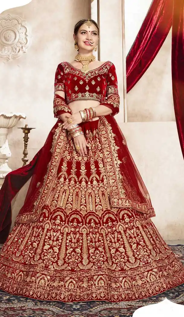 Tranquil Red Color Velvet Designer Bridal Wedding Wear Lehenga Choli -720989301