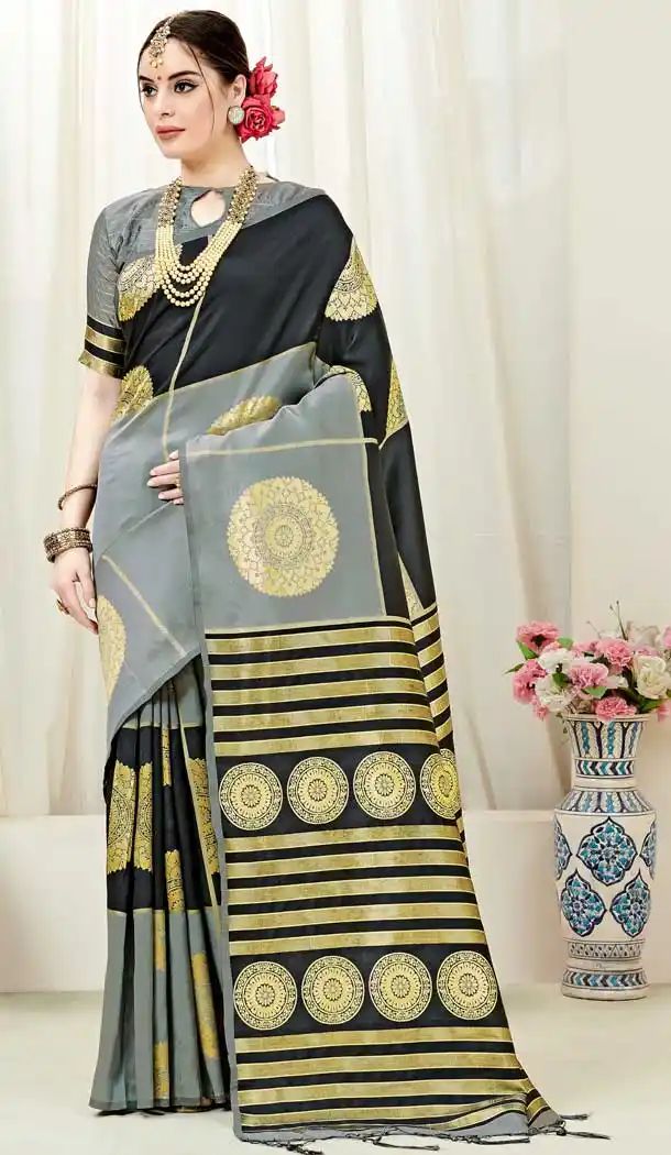 Chic Grey Color Kanjeevaram Art Silk Traditional Wear Saree -722089494