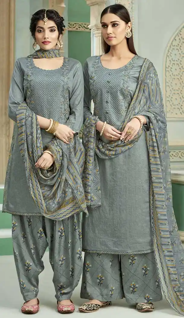 Grey Color Pure Zam Cotton Casual Wear Punjabi Suit -722689551