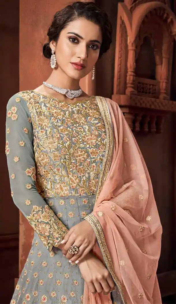 Grey Color Heavy Net Designer Party Wear Long Salwar Kameez -723389628