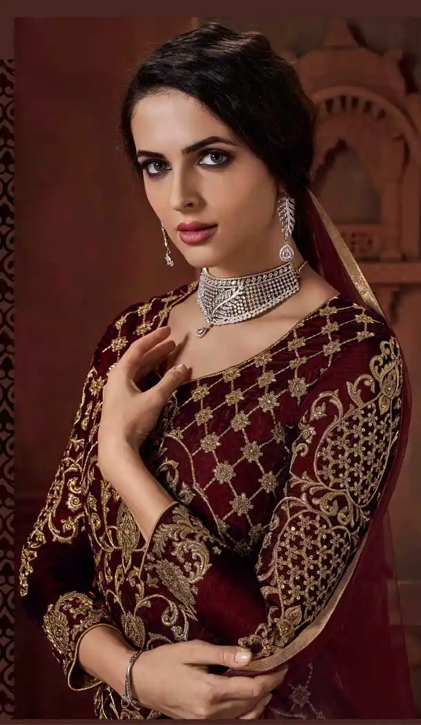 Maroon Color Heavy Velvet Designer Party Wear Long Salwar Kameez -723389629