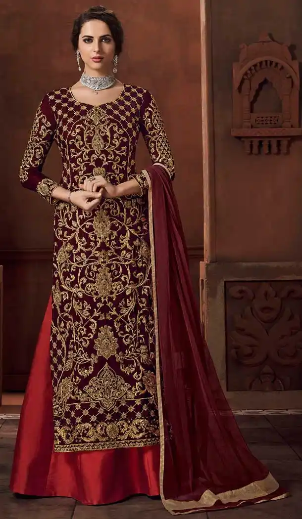 Maroon Color Heavy Velvet Designer Party Wear Long Salwar Kameez -723389629