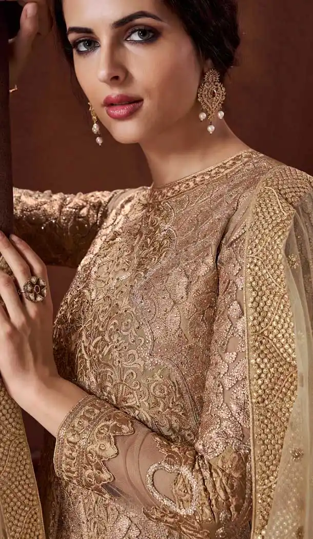 Beige Color Heavy Net Designer Party Wear Long Salwar Kameez -723389630