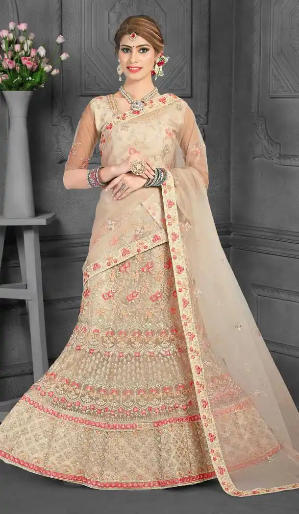 Ethnic Beige Color Net Designer Traditional Party Wear Lehenga Choli -720689272