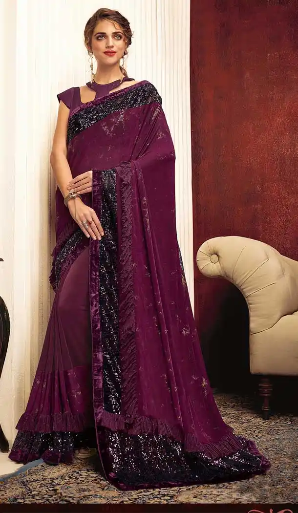 Ethnic Wine Color Fancy Lycra Designer Party Wear Saree Blouse -723689648