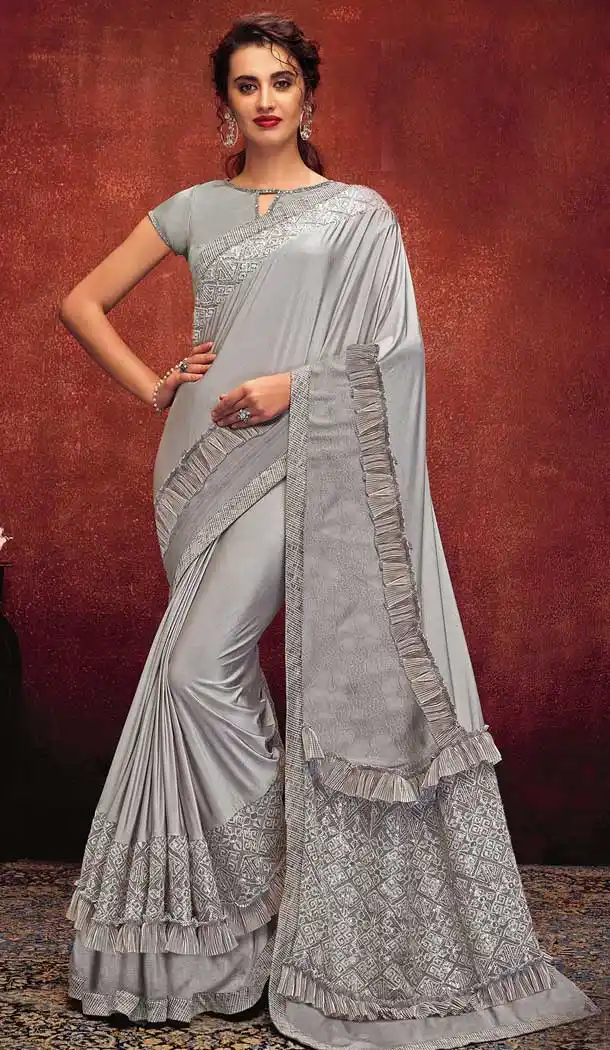 Elegance Grey Color Fancy Lycra Designer Party Wear Saree Blouse -723689649