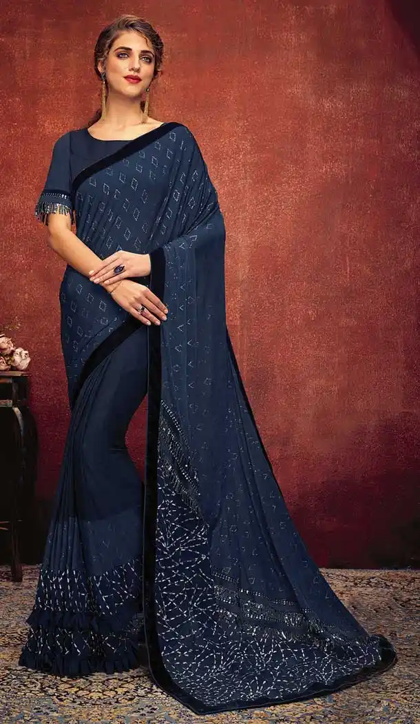 Fancy Blue Color Fancy Lycra Designer Party Wear Saree Blouse -723689650