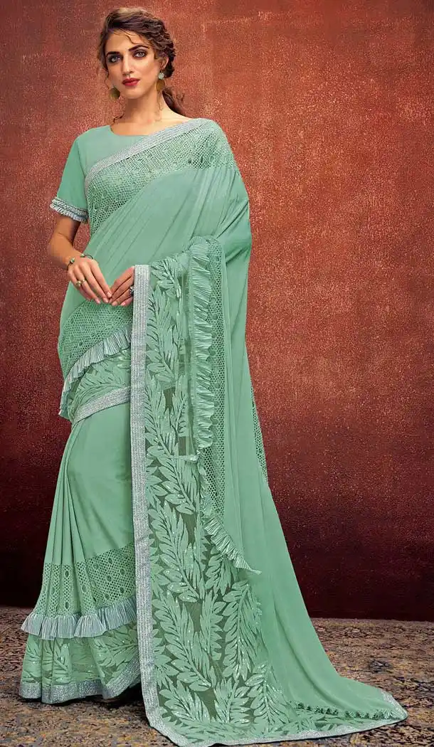 Sea Green Color Fancy Lycra Designer Party Wear Saree Blouse -723689651