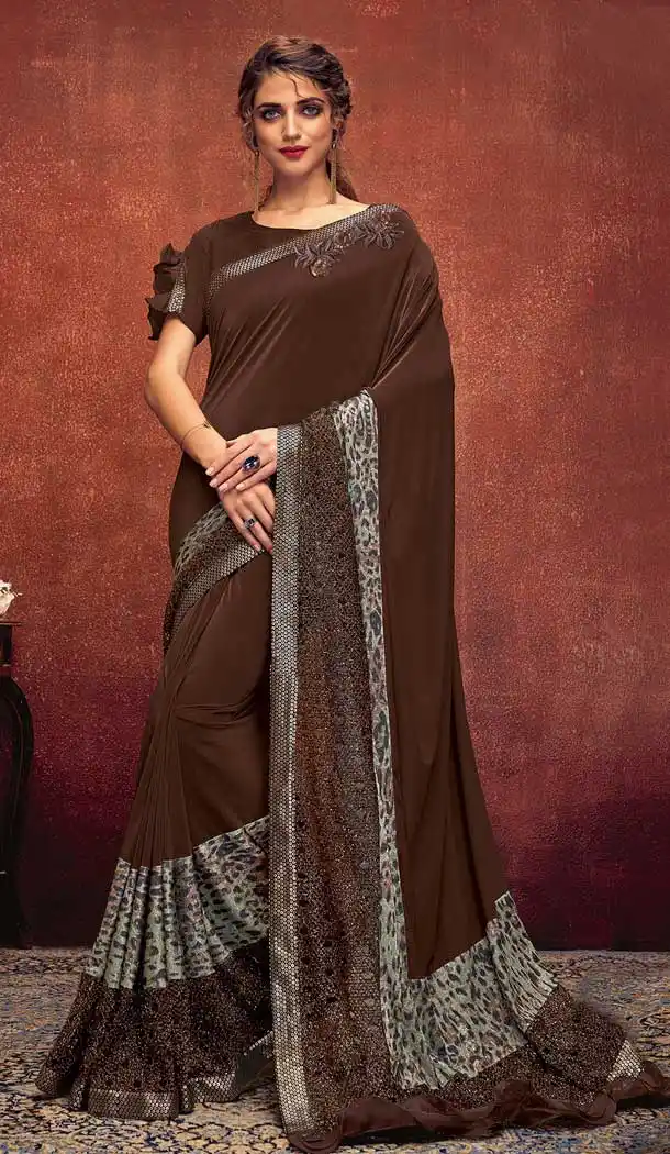Brown Color Fancy Lycra Designer Party Wear Saree Blouse -723689652