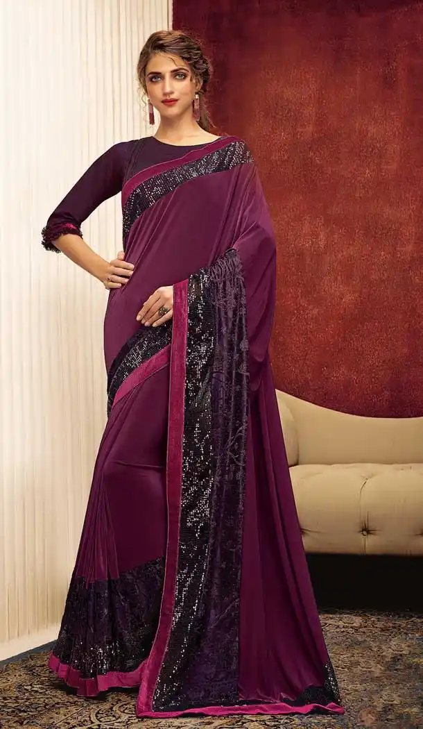 Wine Color Fancy Lycra Designer Party Wear Saree Blouse -723689656