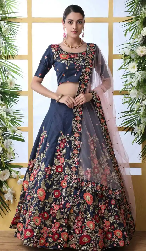 Navy Blue Color Art Silk Designer Reception Wear Lehenga Choli -723989680
