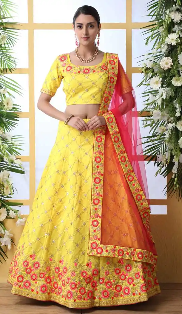 Elegant Yellow Color Art Silk Designer Reception Wear Lehenga Choli -723989681