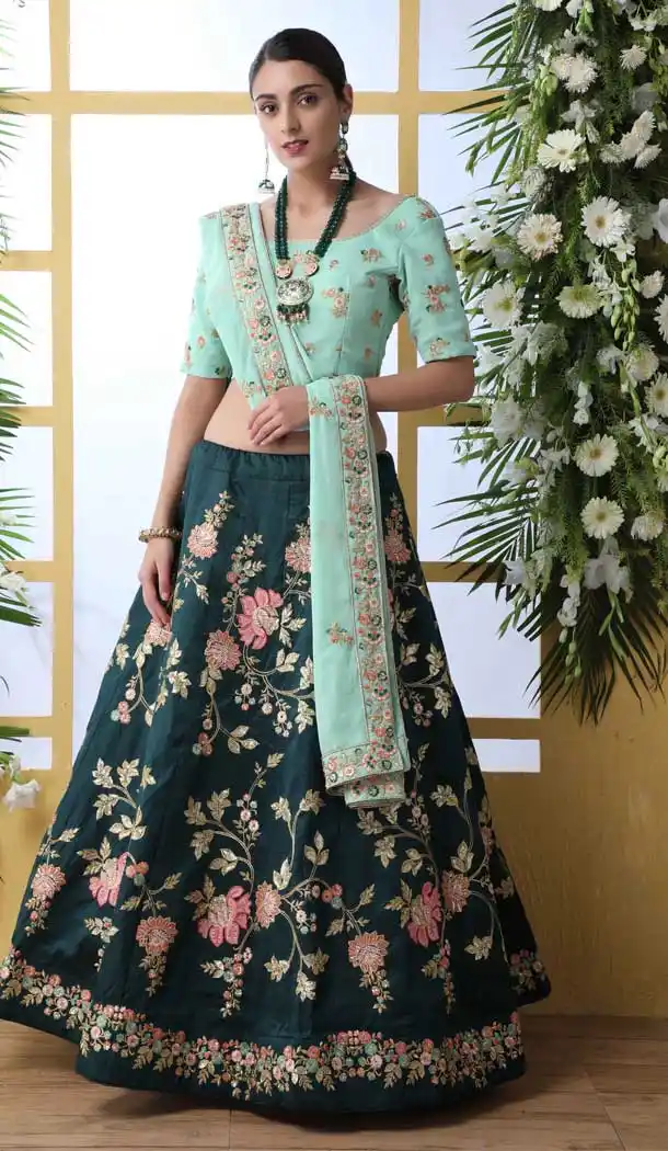 Dark Green Color Art Silk Designer Reception Wear Lehenga Choli -723989685