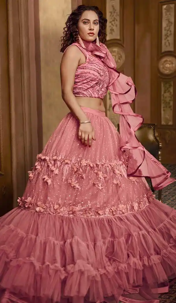 Dark Peach Color Net Designer Reception Party Wear Lehenga Choli -724089687