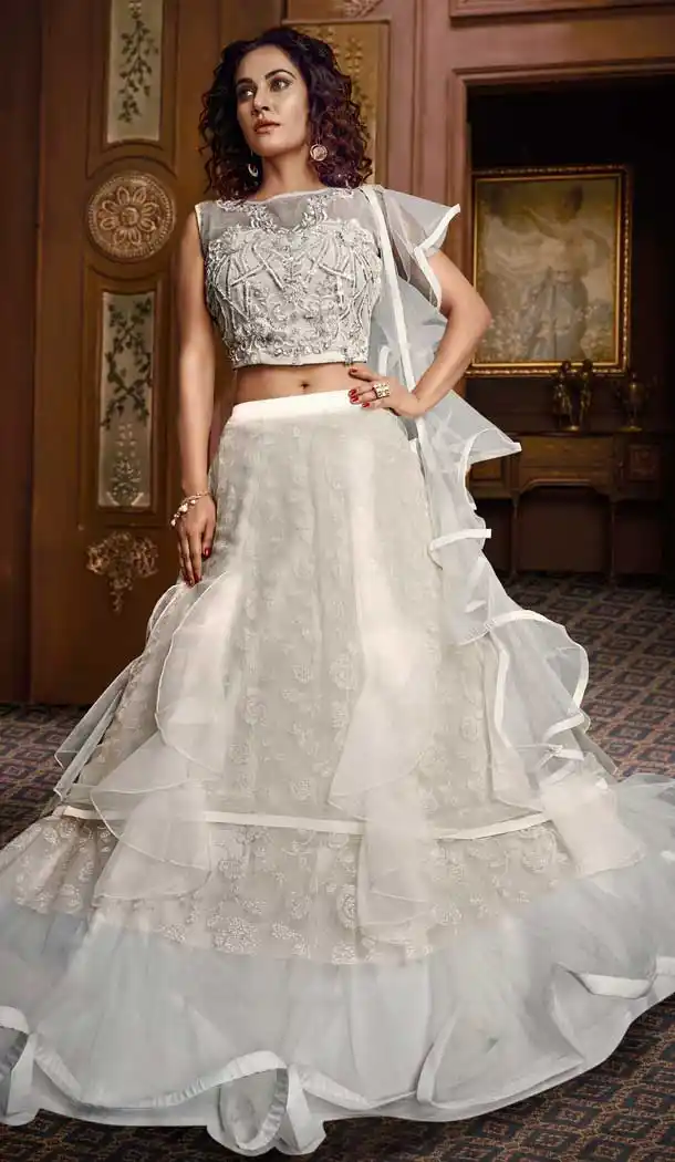 Off White Color Net Designer Reception Party Wear Lehenga Choli -724089689