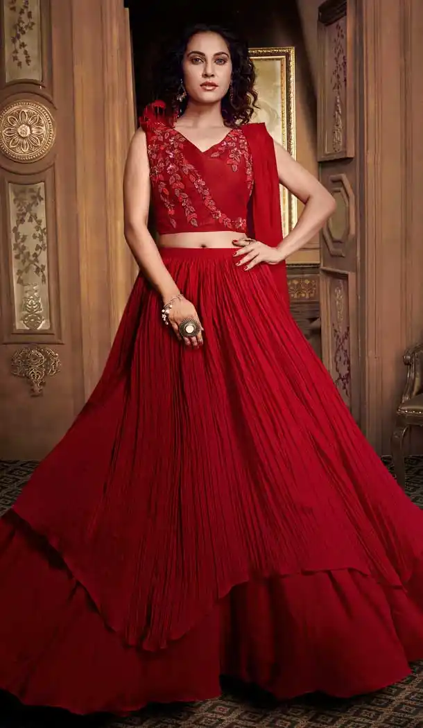 Red Color Satin Silk Designer Reception Party Wear Lehenga Choli -724089690
