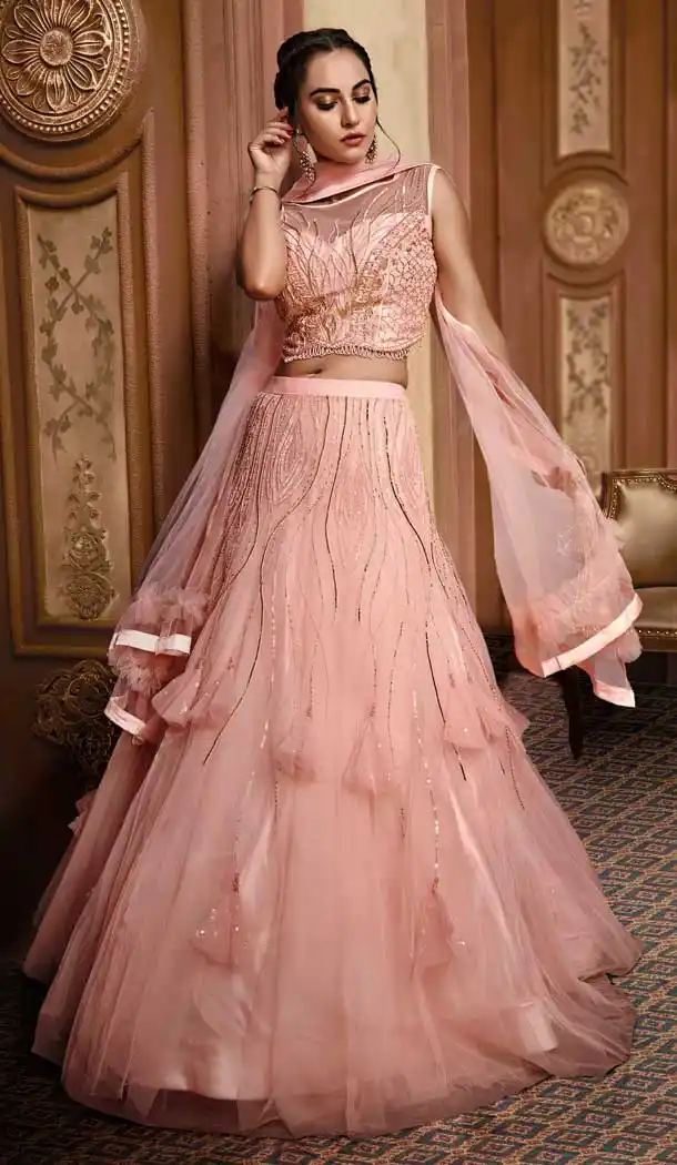 Baby Pink Color Net Designer Reception Party Wear Lehenga Choli -724089692