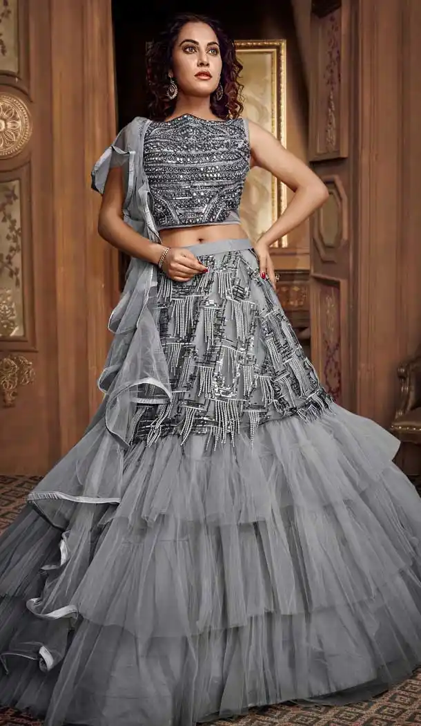 Grey Color Net Designer Reception Party Wear Lehenga Choli -724089693