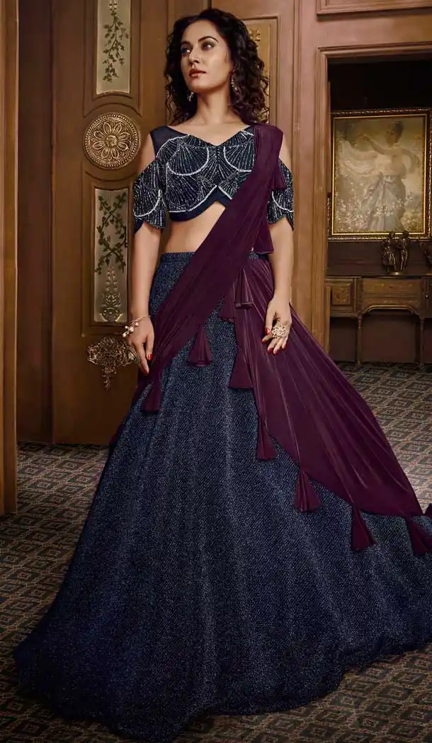 Navy Blue Color Lycra Designer Reception Party Wear Lehenga Choli -724089694