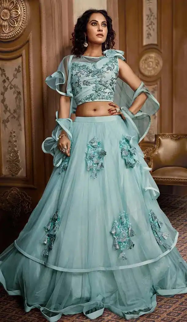 Aqua Blue Color Net Designer Reception Party Wear Lehenga Choli -724089696