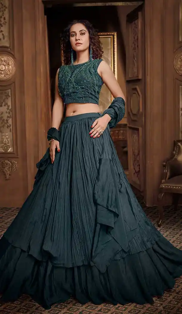 Teal Blue Color Satin Silk Designer Reception Party Wear Lehenga Choli -724089698