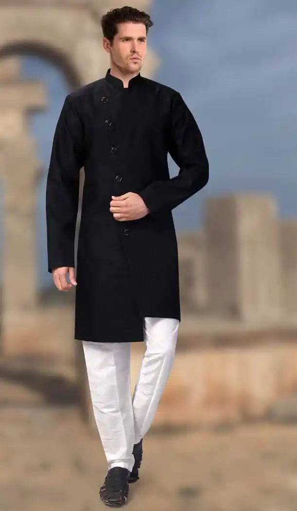 Black Color Silk Designer Readymade Indo Weastern Plus Size Sherwani -724189704