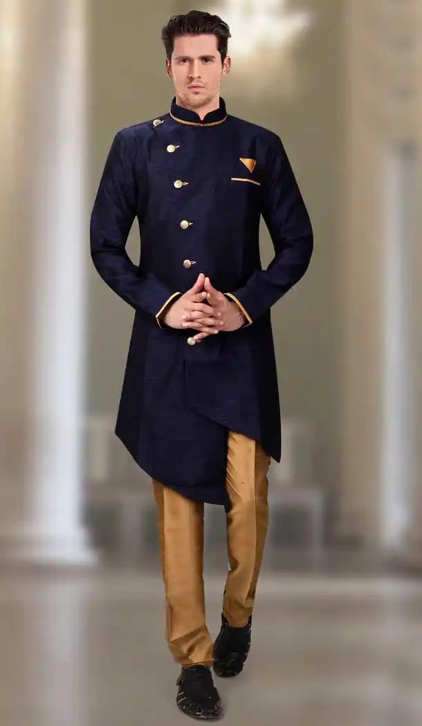Navy Blue Color Silk Designer Readymade Indo Weastern Plus Size Sherwani -724189705