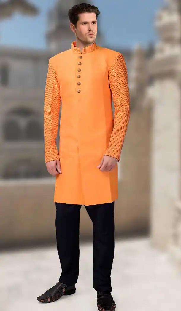 Orange Color Silk Designer Readymade Indo Weastern Plus Size Sherwani -724189706