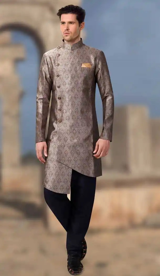 Grey Color Jacquard Designer Readymade Indo Weastern Plus Size Sherwani -724189707
