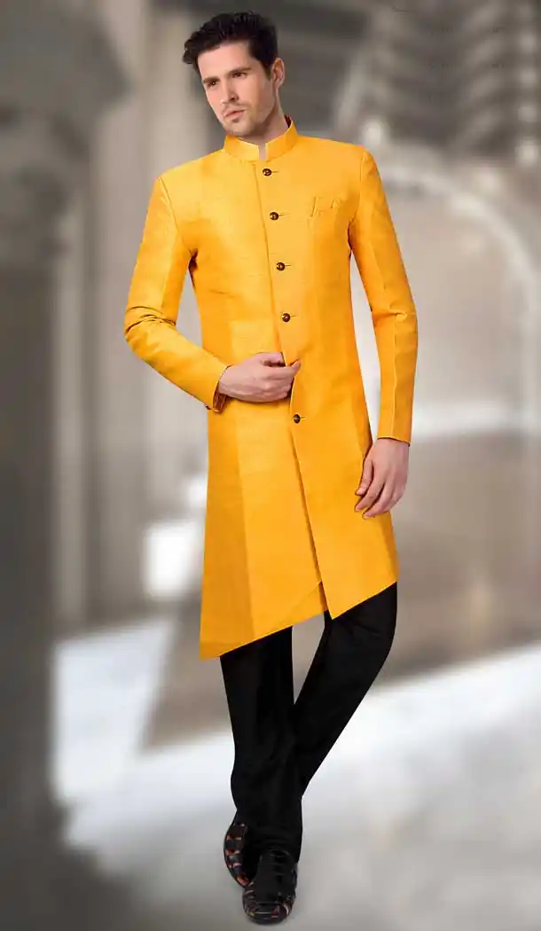 Yellow Color Silk Designer Readymade Indo Weastern Plus Size Sherwani -724189708
