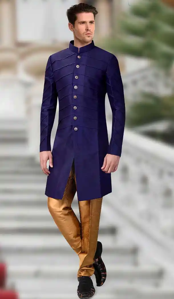 Blue Color Silk Designer Readymade Indo Weastern Plus Size Sherwani -724189709