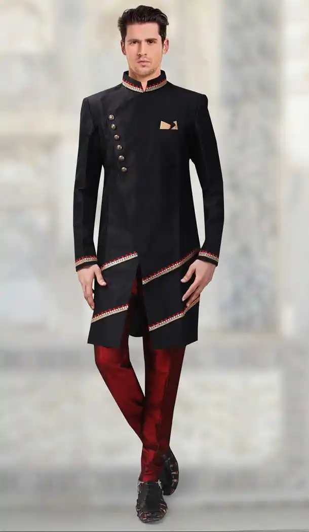 Charming Black Color Silk Designer Readymade Indo Weastern Plus Size Sherwani -724189710