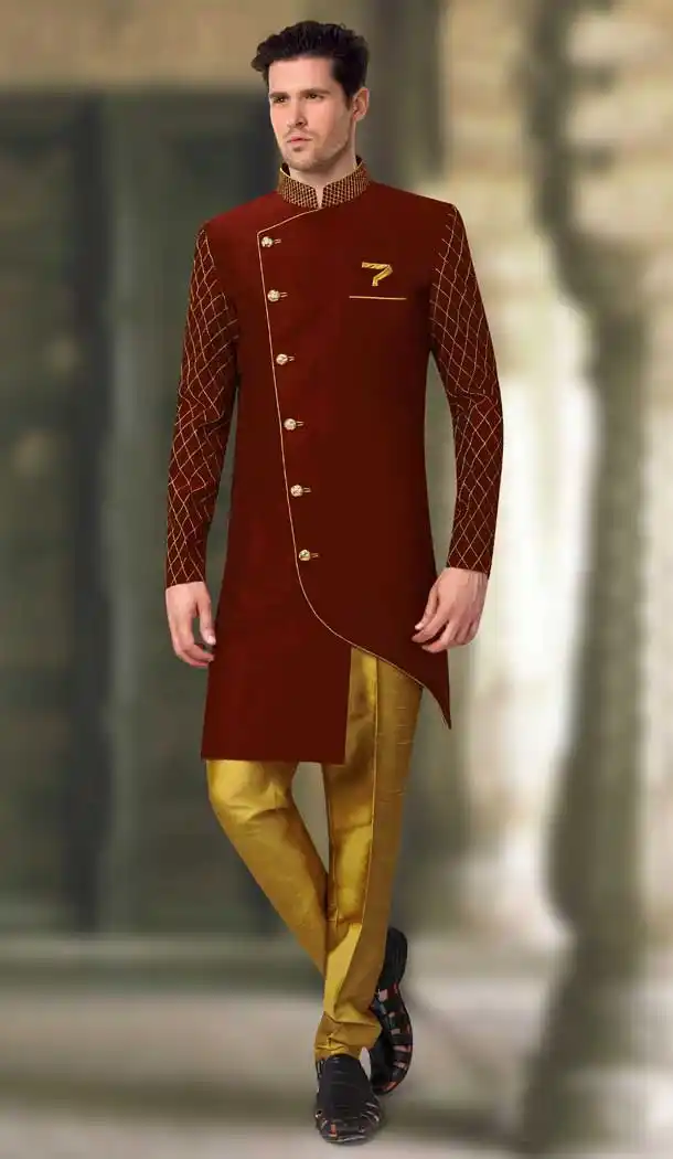 Unique Maroon Color Silk Designer Readymade Indo Weastern Plus Size Sherwani -724189713