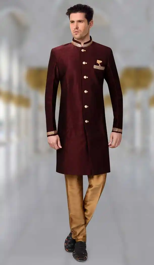 Dark Maroon Color Silk Designer Readymade Indo Weastern Plus Size Sherwani -724189714
