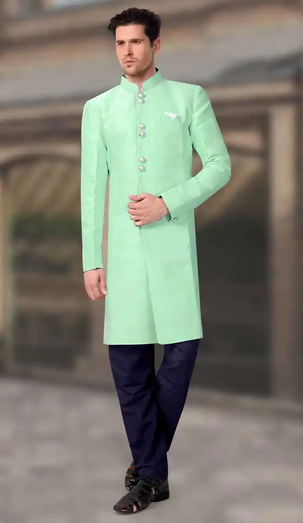 Sea Green Color Silk Designer Readymade Indo Weastern Plus Size Sherwani -724189715